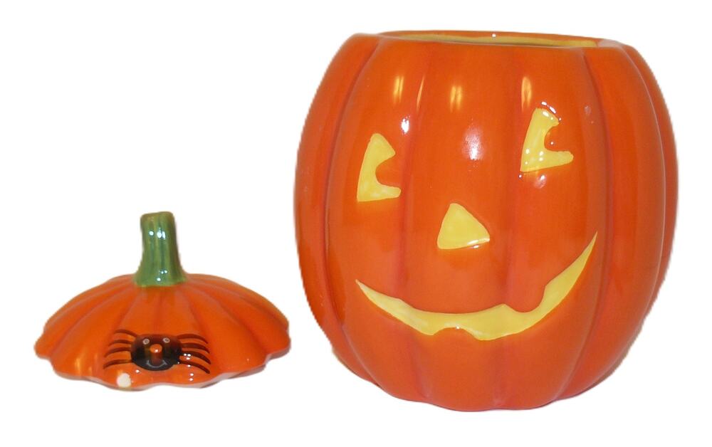 Vintage Hallmark Ceramic Pumpkin Jack-O-Lantern Cookie Jar Spider Lid Halloween